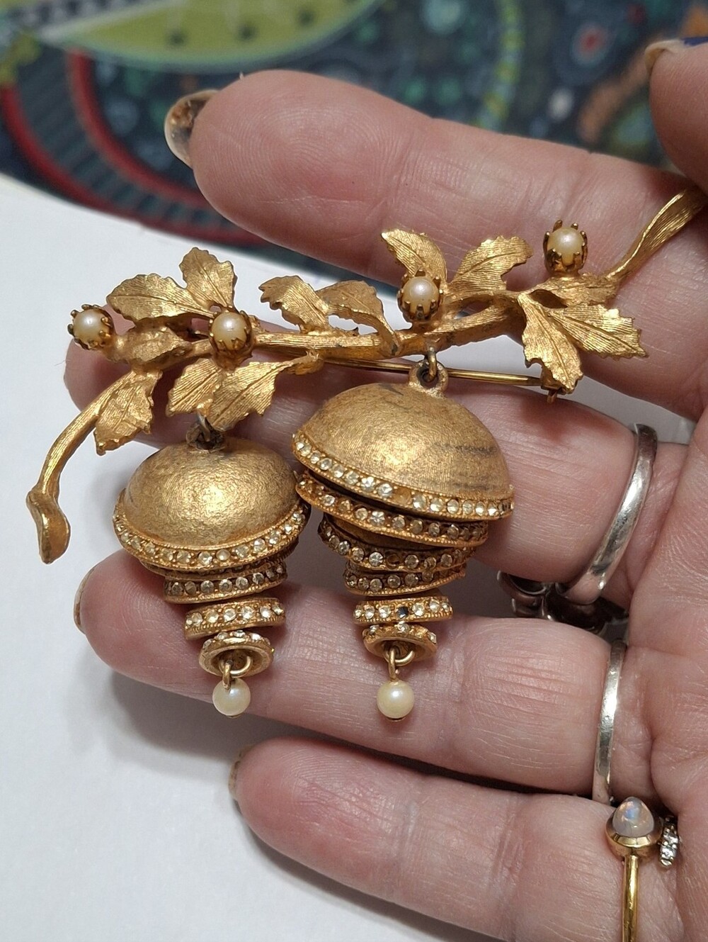 Vendome Gold-Tone Articulating Bells Brooch Pin with Pearls - Women Vintage
